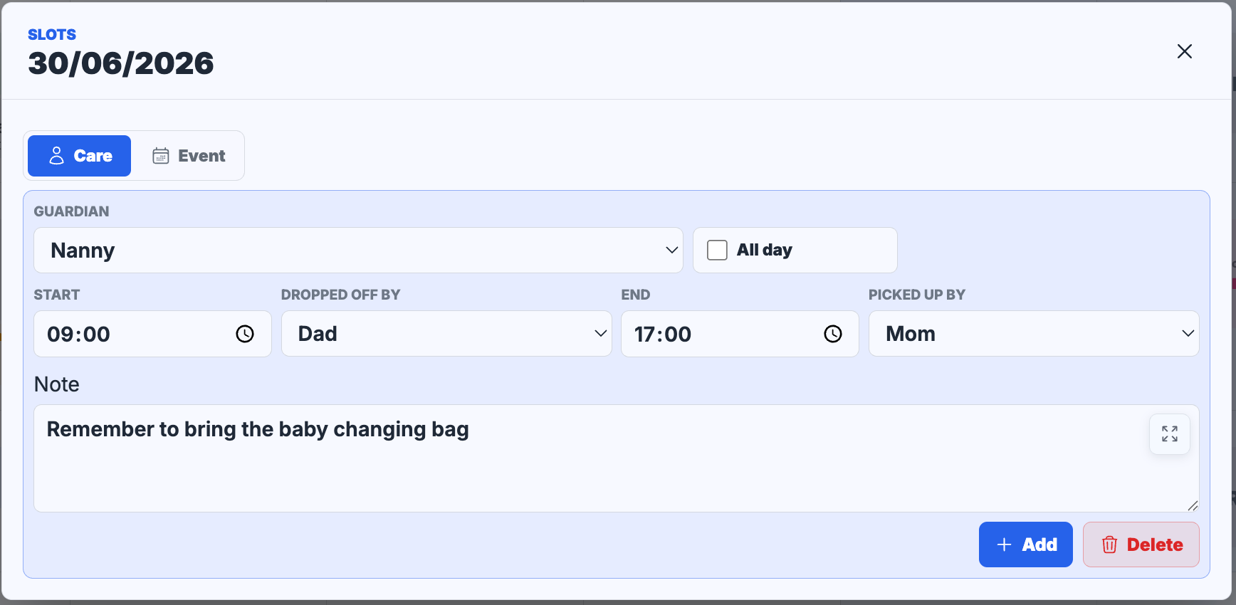 MyBabyCal care slot with caregiver, pickup, and drop-off details