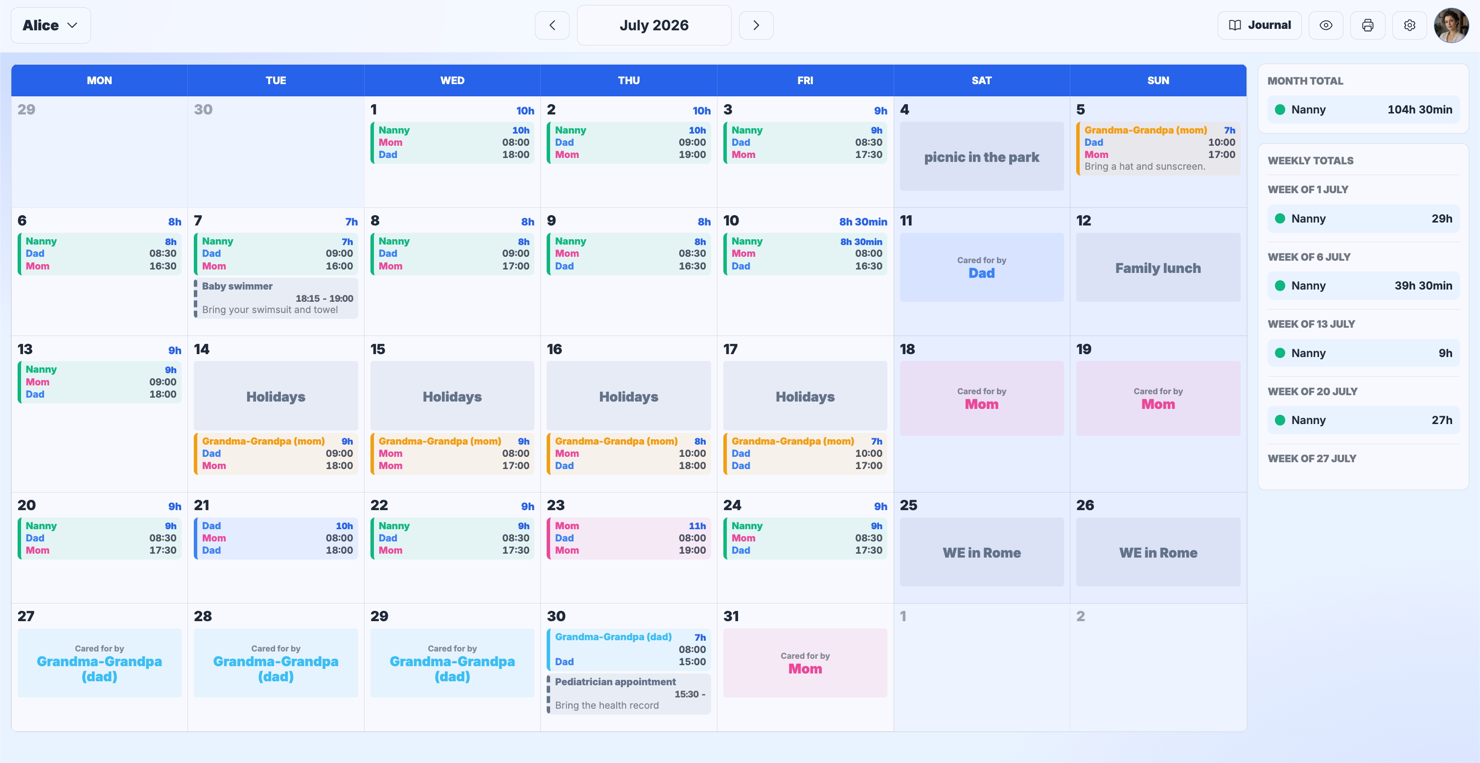 A monthly childcare calendar with nanny hours in MyBabyCal