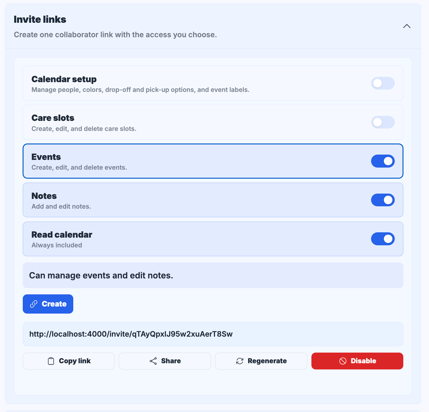 MyBabyCal invitation link with collaborator permissions