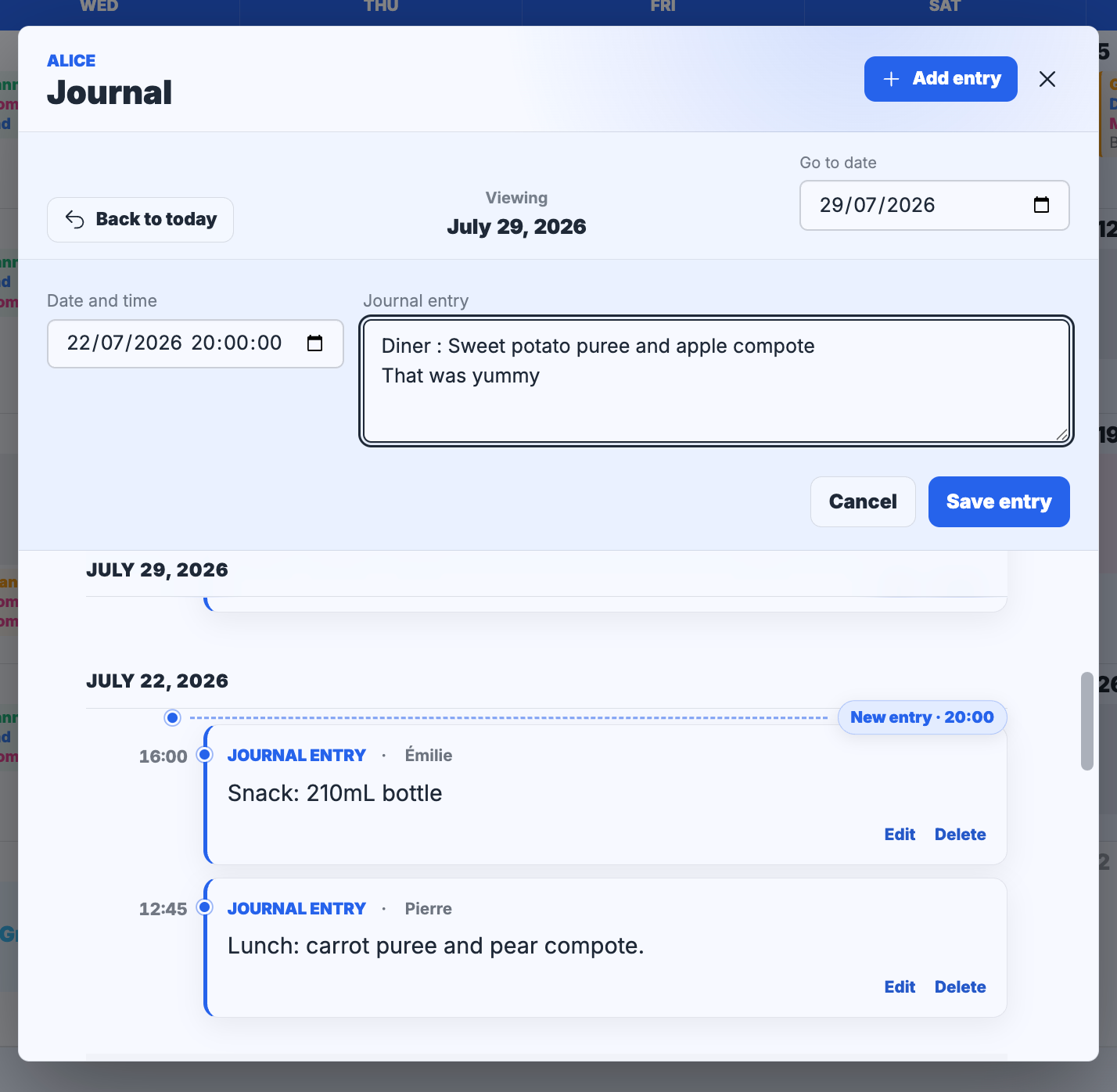 MyBabyCal journal timeline with notes and a pediatric appointment for Léa