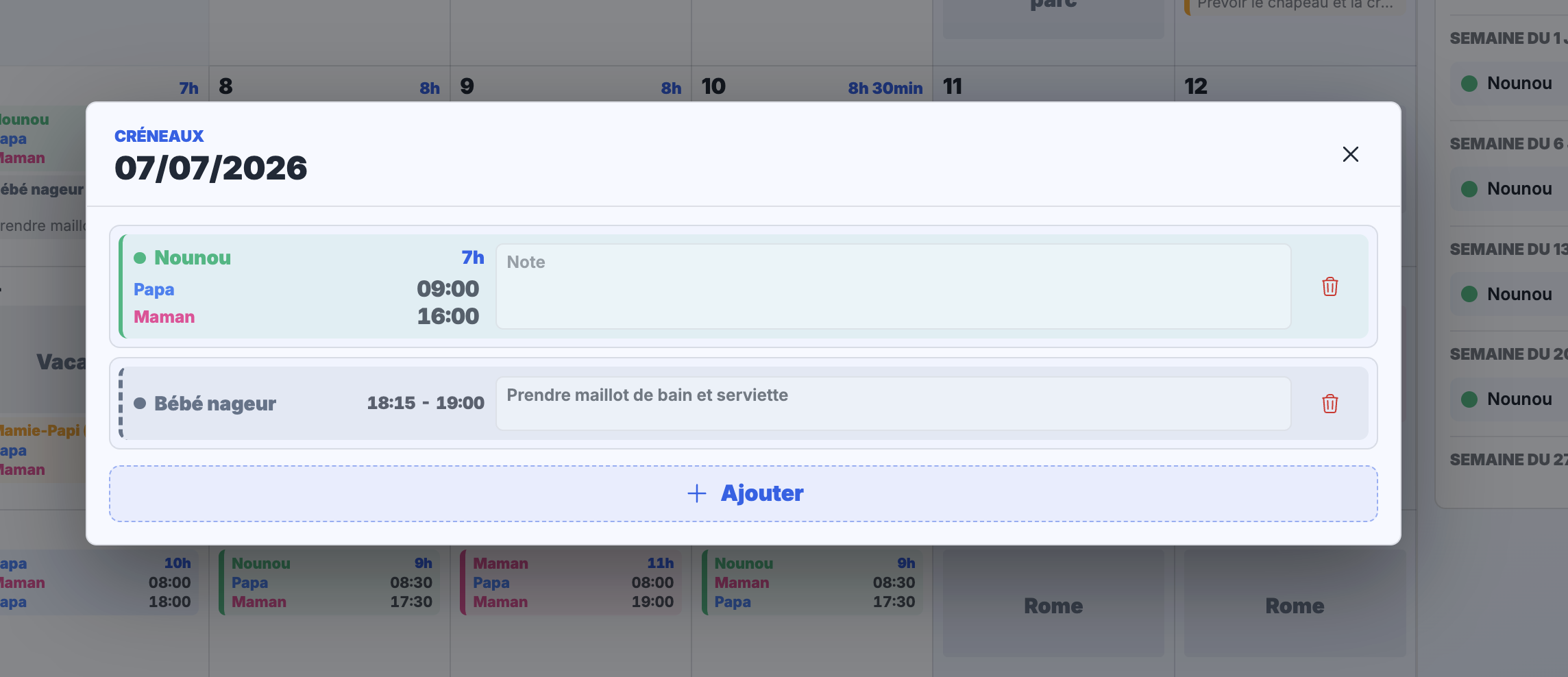 Ajout d'un créneau de nounou dans MyBabyCal