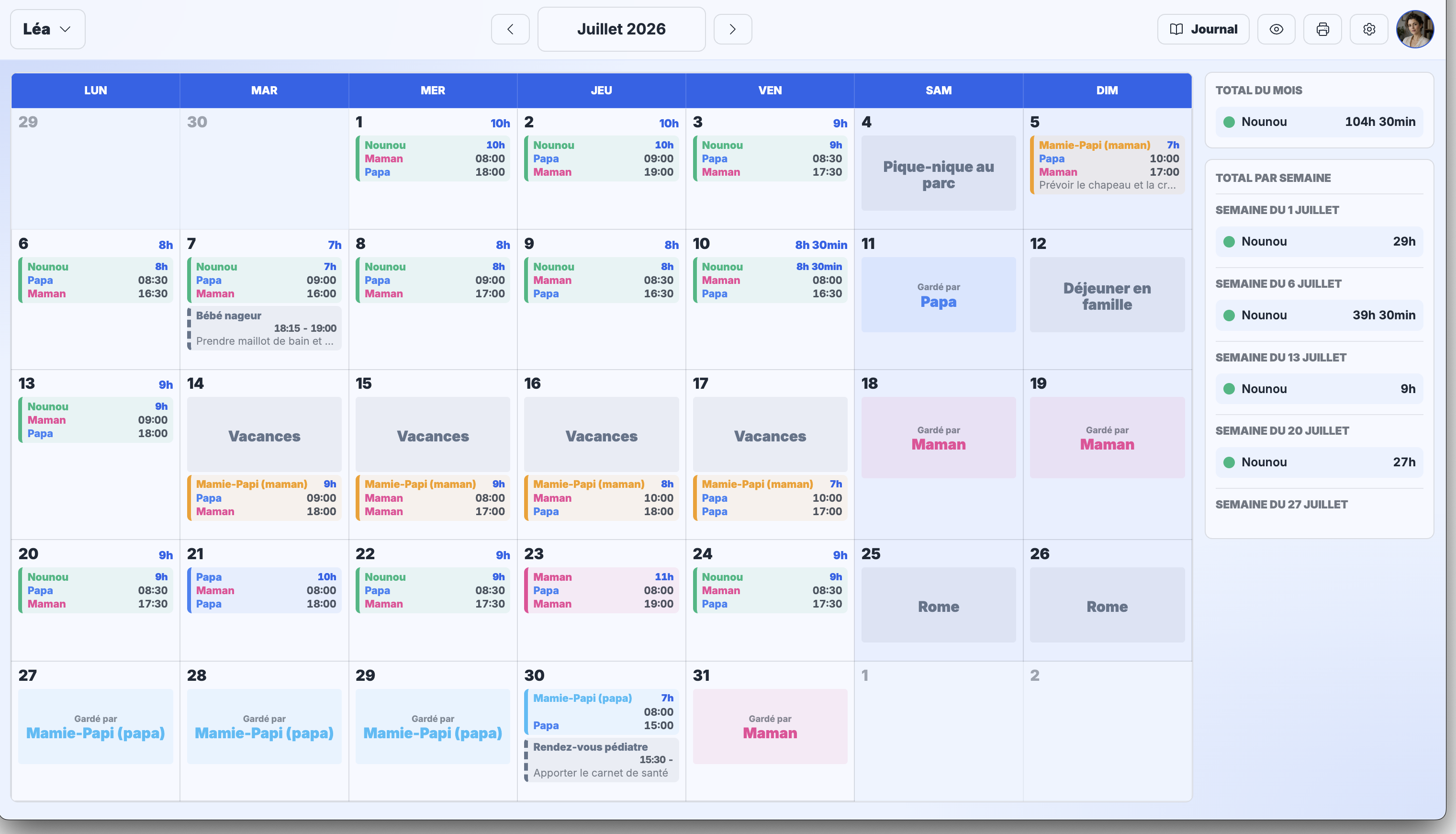 Calendrier mensuel de garde avec les heures de nounou dans MyBabyCal