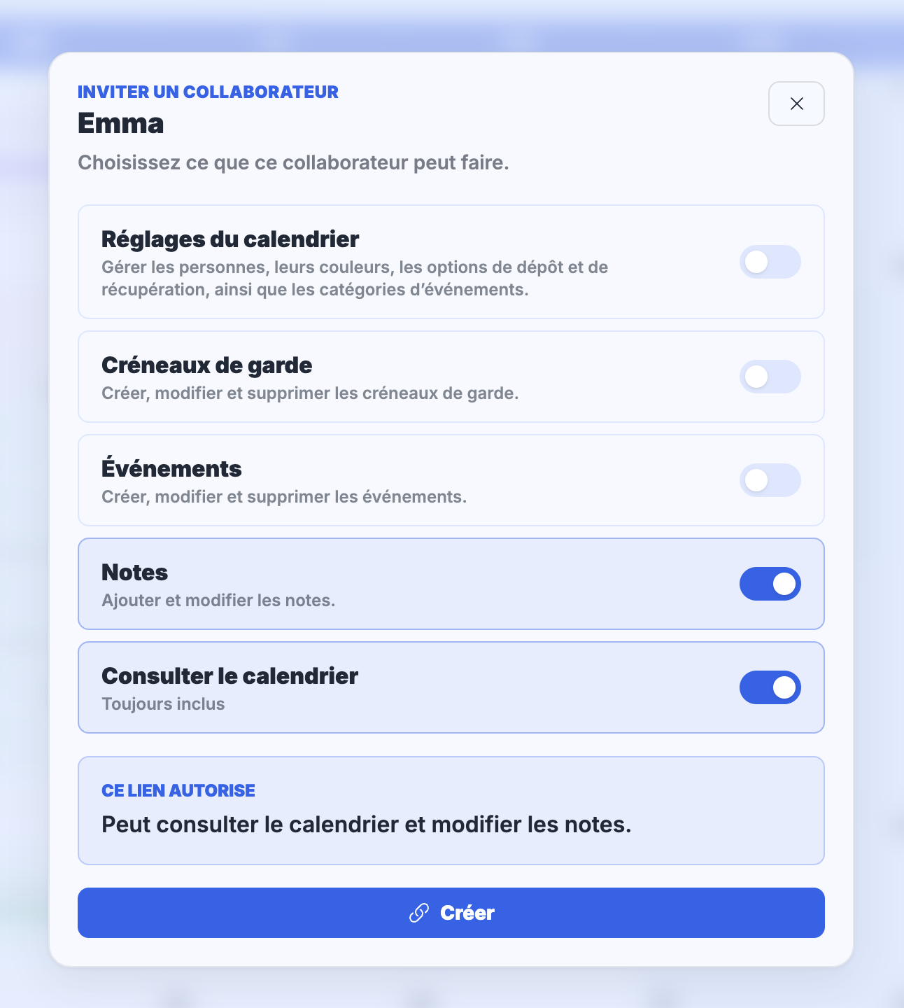Lien d’invitation MyBabyCal avec autorisations collaborateur
