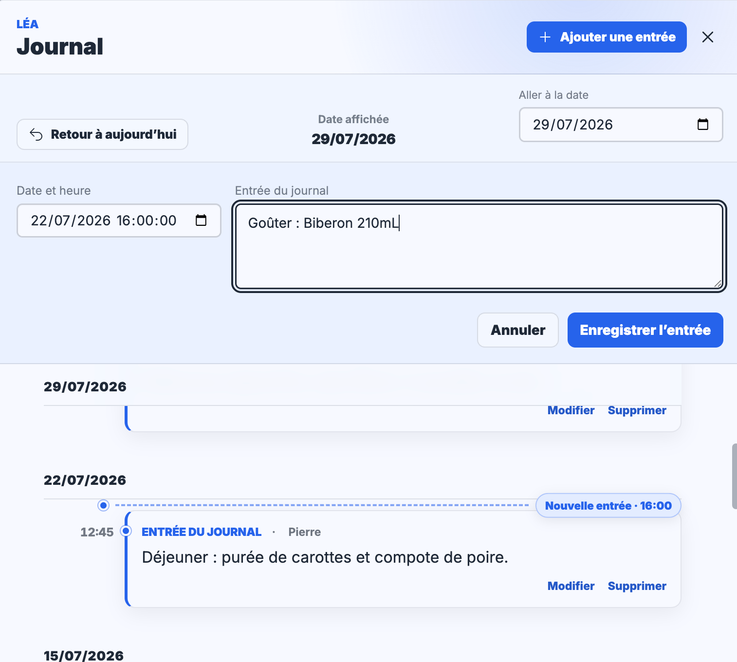 Écrire une entrée dans le journal de bébé MyBabyCal
