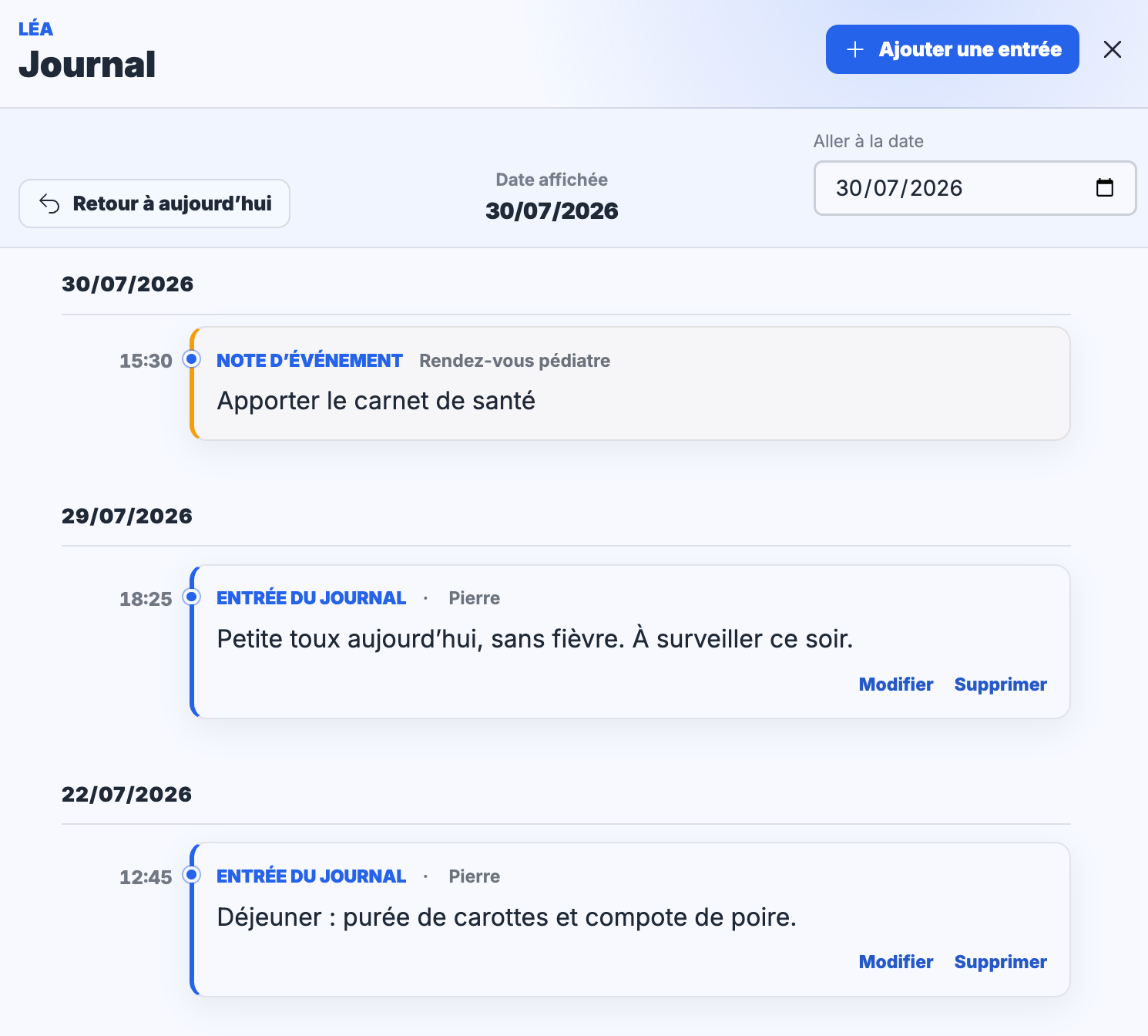 Journal MyBabyCal avec notes du jour et rendez-vous pédiatre pour Léa