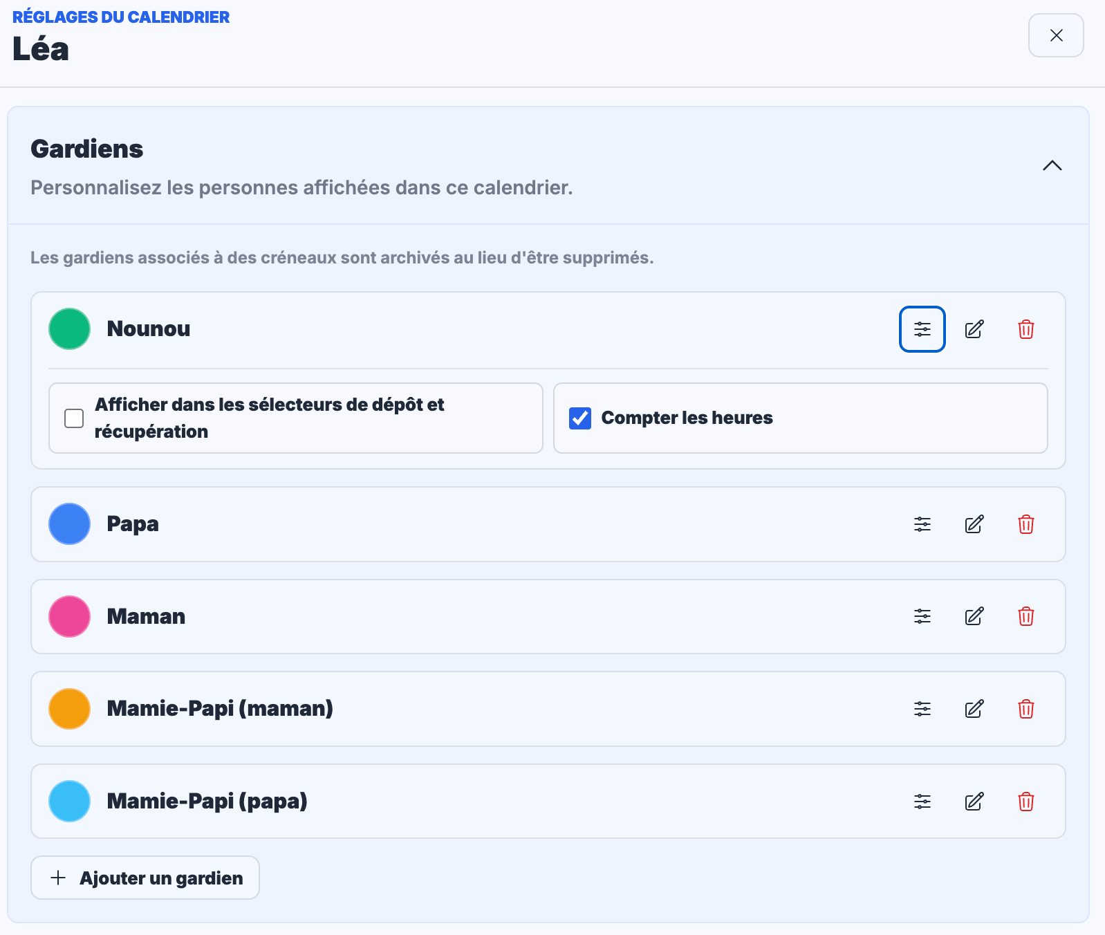 Couleurs des gardiens et réglage du comptage des heures dans MyBabyCal